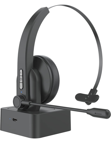 Bluetooth 5.0 Auriculares con Micrófonos, Auricular Bluetooth Cascos PC con Estación de Carga Cancel
